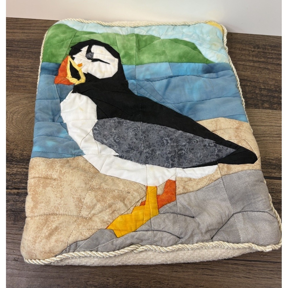 Vintage Handmade Puffin Quilt Pillow Cover 10" X 13" Feedsack